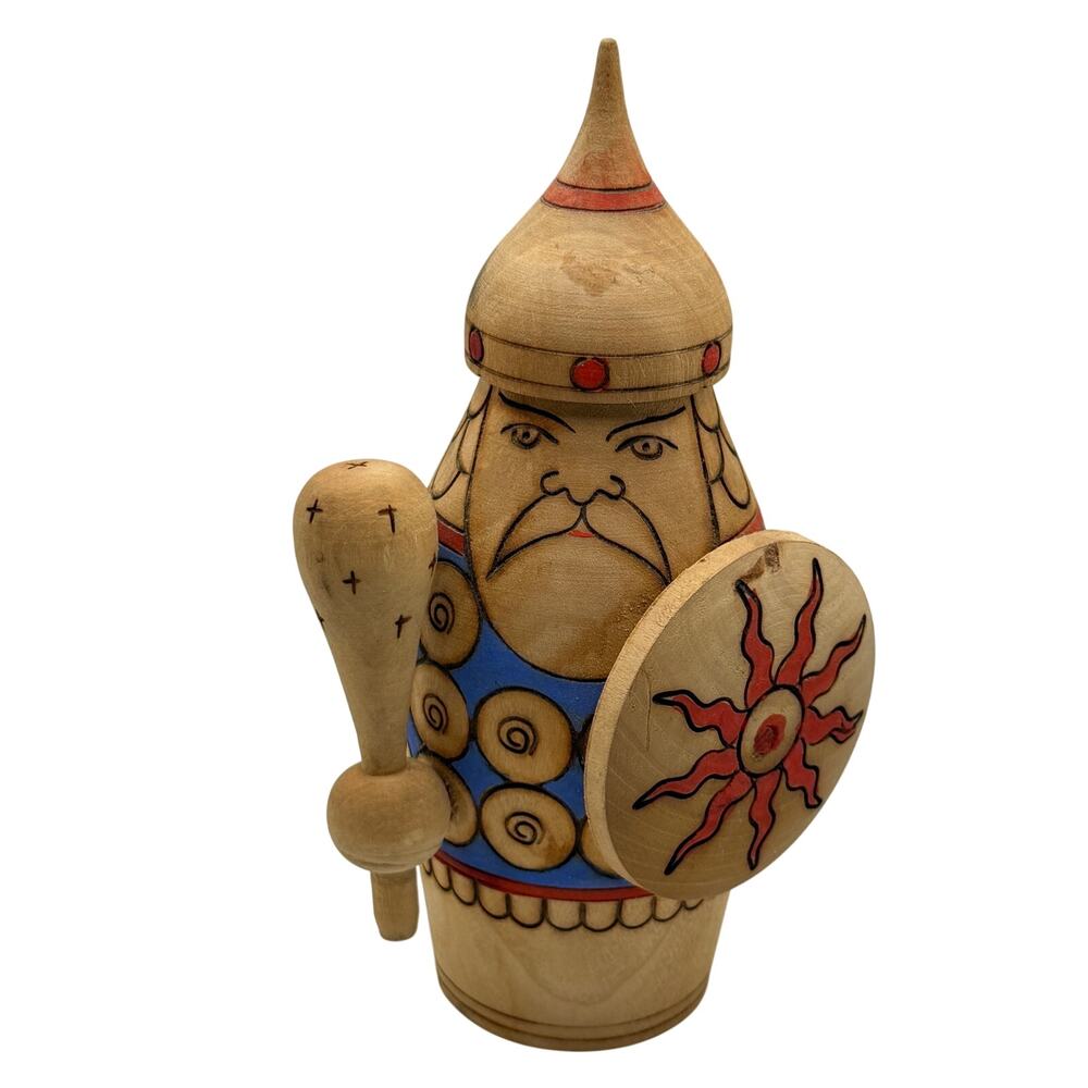 Souvenir Vityaz Russian Bogatyr Wooden Doll Figure Shield Mace Knight USSR